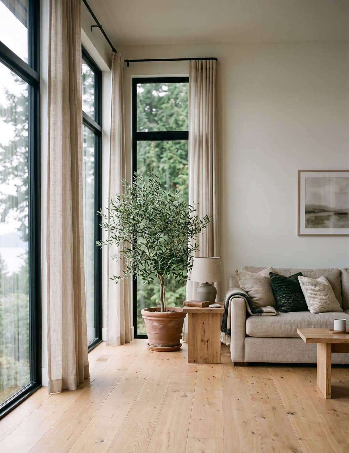 Sunlit West Coast living room with oak floors and tall windows