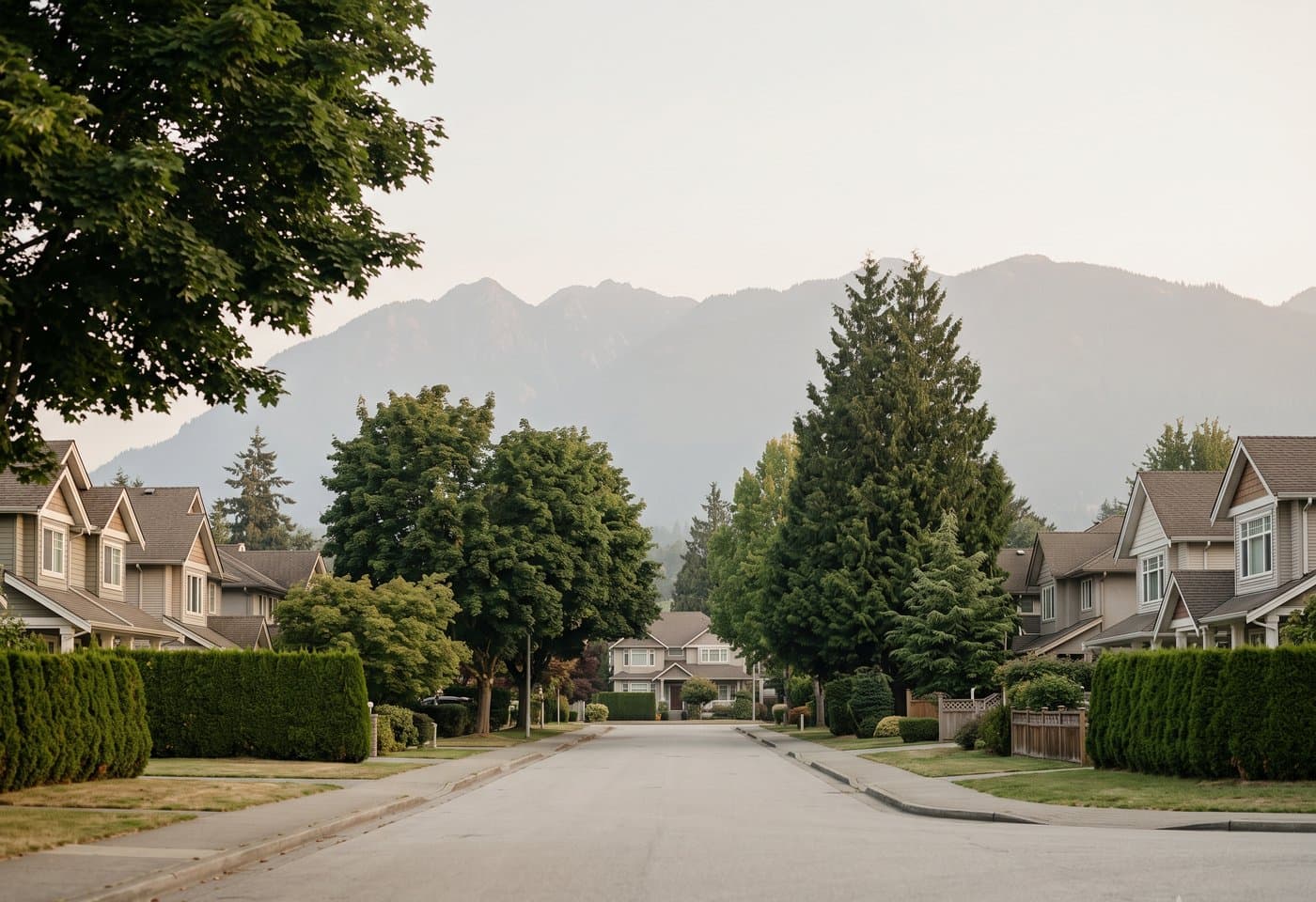 Quiet Lower Mainland residential street with the North Shore mountains behind